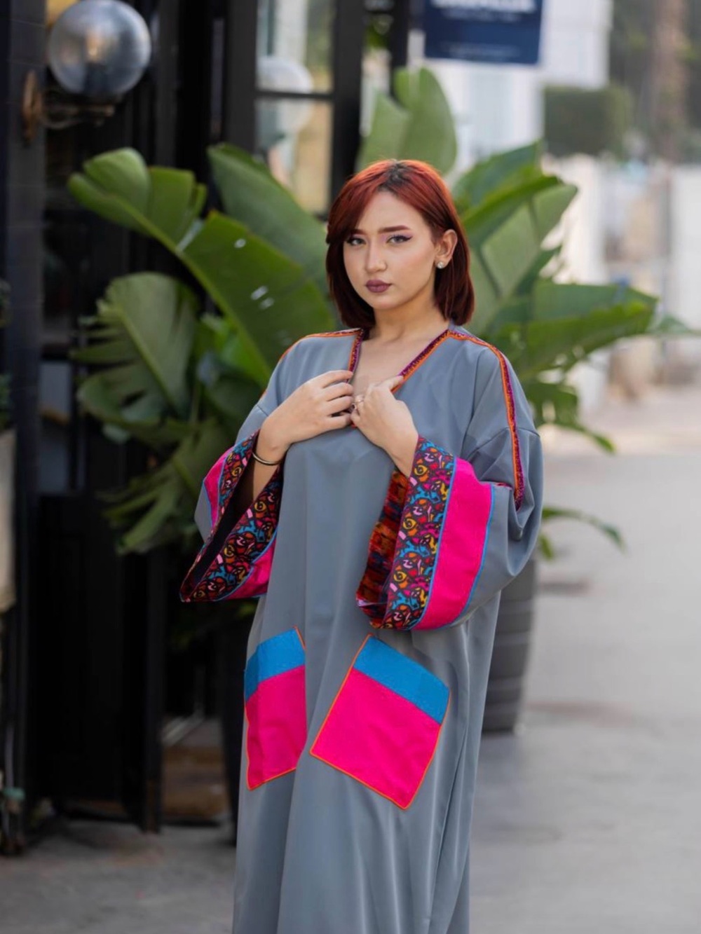 Gray Kaftan Dress with Pink & Blue Accent - Picture 6 of 8
